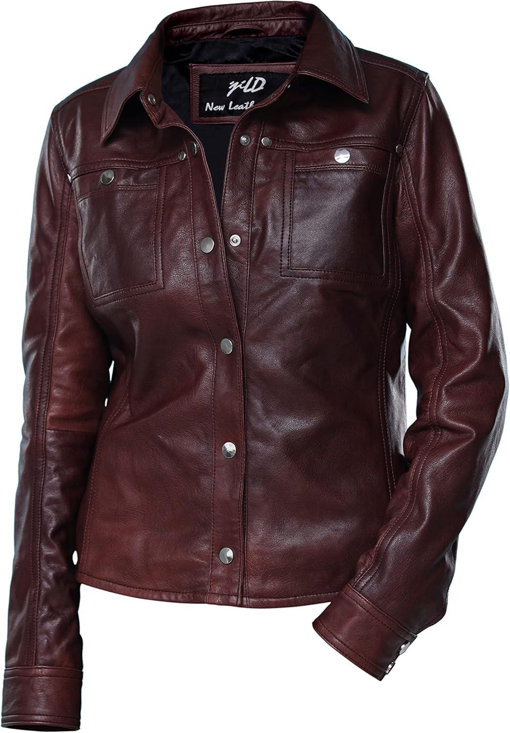 imageJild Womens Button Front Lambskin Leather Jacket Shacket Casual Shirt Long Sleeve Leather Jacket Women with Bust PocketVintage Maroon