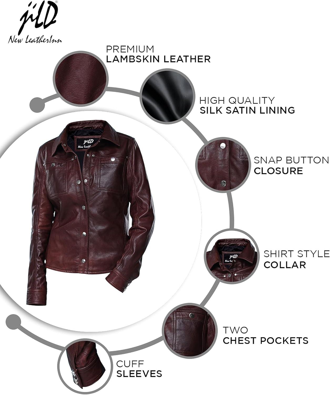 imageJild Womens Button Front Lambskin Leather Jacket Shacket Casual Shirt Long Sleeve Leather Jacket Women with Bust PocketVintage Maroon