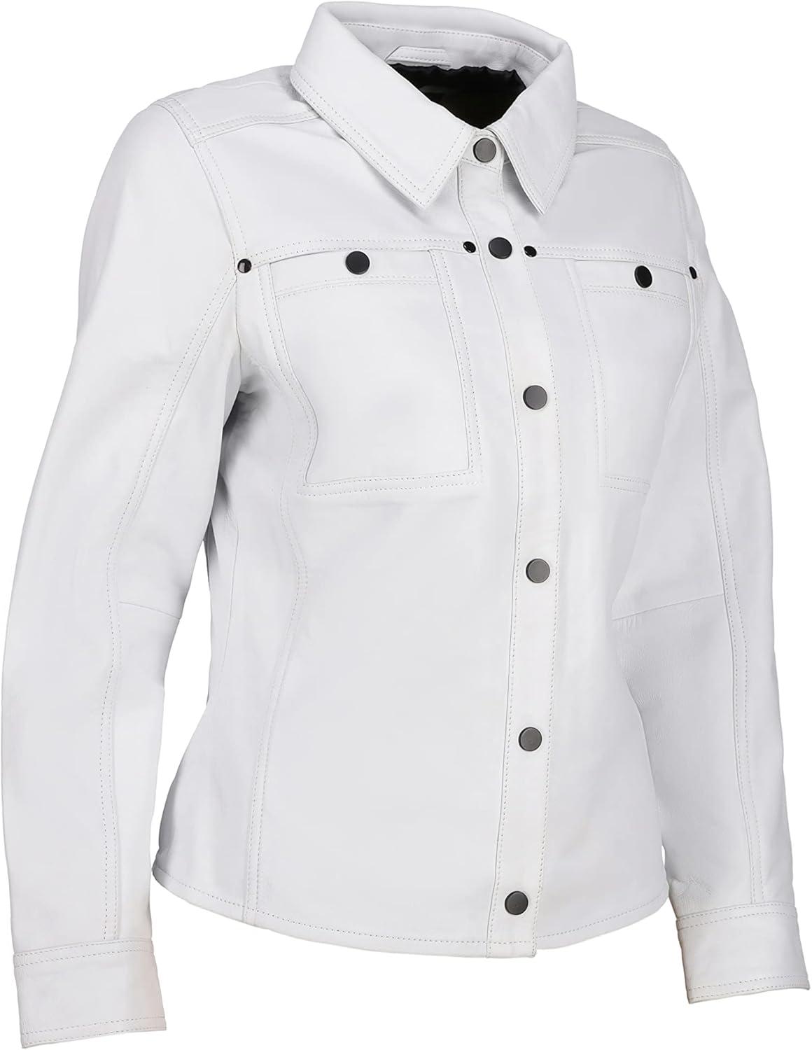 imageJild Womens Button Front Lambskin Leather Jacket Shacket Casual Shirt Long Sleeve Leather Jacket Women with Bust PocketWhite