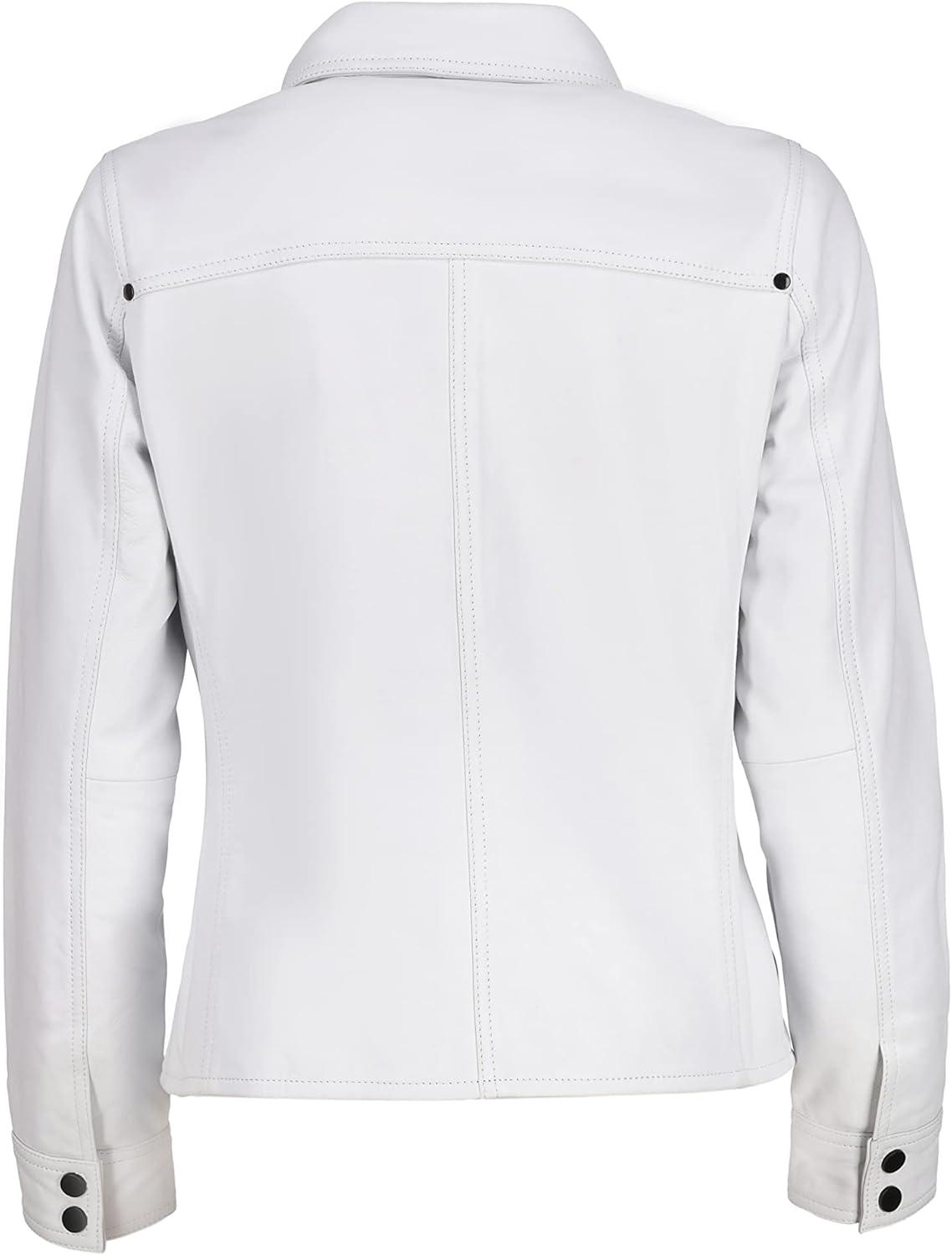 imageJild Womens Button Front Lambskin Leather Jacket Shacket Casual Shirt Long Sleeve Leather Jacket Women with Bust PocketWhite