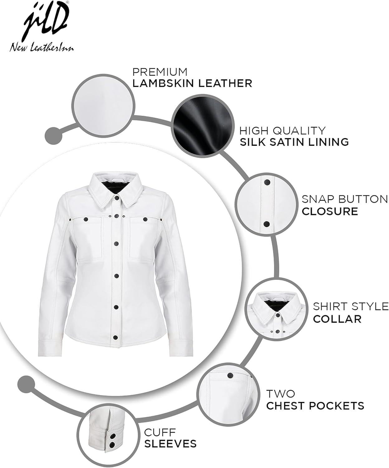 imageJild Womens Button Front Lambskin Leather Jacket Shacket Casual Shirt Long Sleeve Leather Jacket Women with Bust PocketWhite