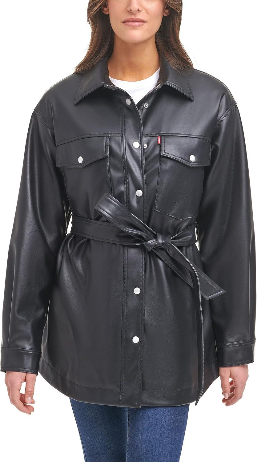 imageLevis womens Faux Leather Belted Shirt Jacket Standard amp Plus SizesBlack