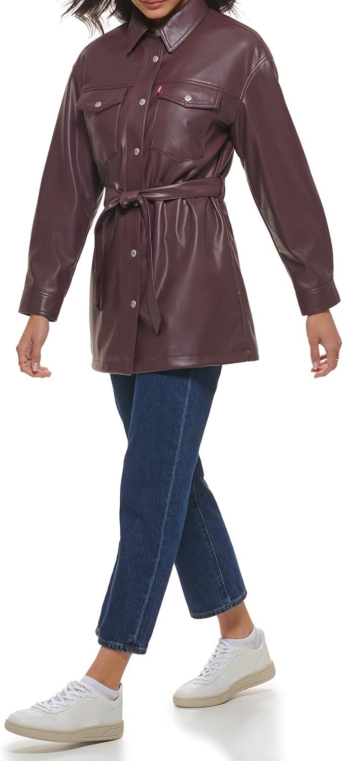 imageLevis womens Faux Leather Belted Shirt Jacket Standard amp Plus SizesBurgundy