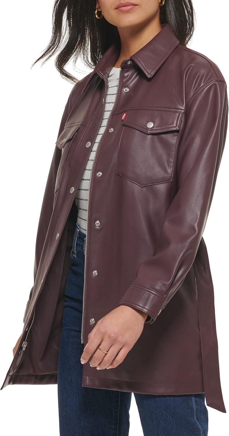 imageLevis womens Faux Leather Belted Shirt Jacket Standard amp Plus SizesBurgundy