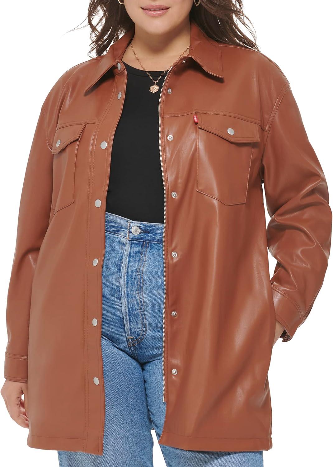 imageLevis womens Faux Leather Belted Shirt Jacket Standard amp Plus SizesCamel