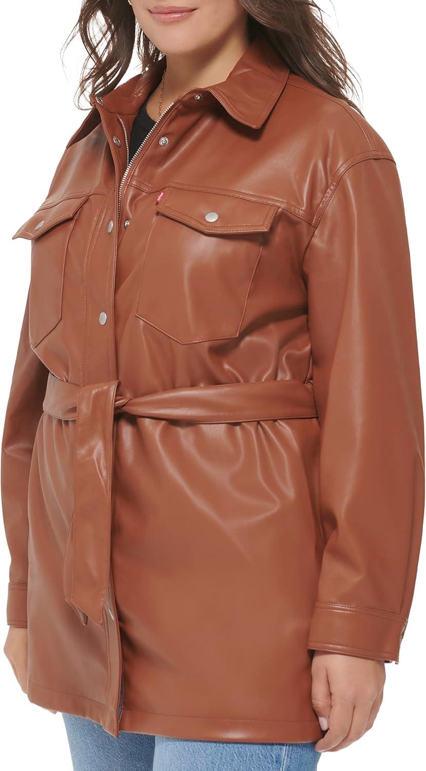 imageLevis womens Faux Leather Belted Shirt Jacket Standard amp Plus SizesCamel