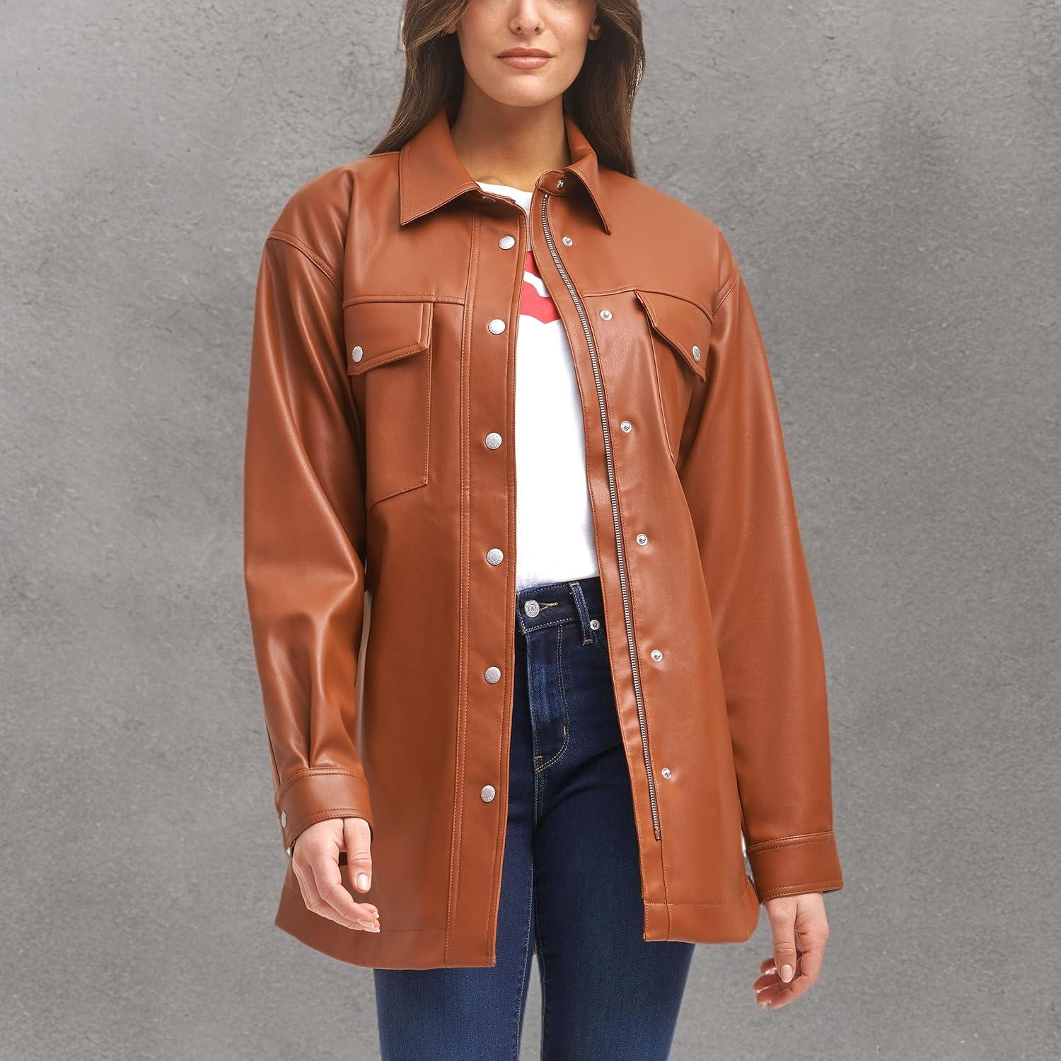 imageLevis womens Faux Leather Belted Shirt Jacket Standard amp Plus SizesCamel