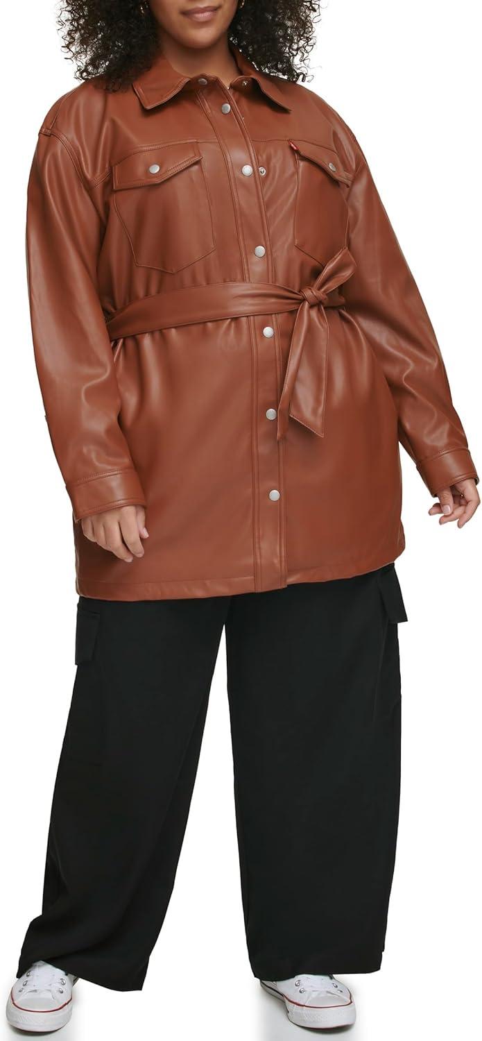 imageLevis womens Faux Leather Belted Shirt Jacket Standard amp Plus SizesCamel