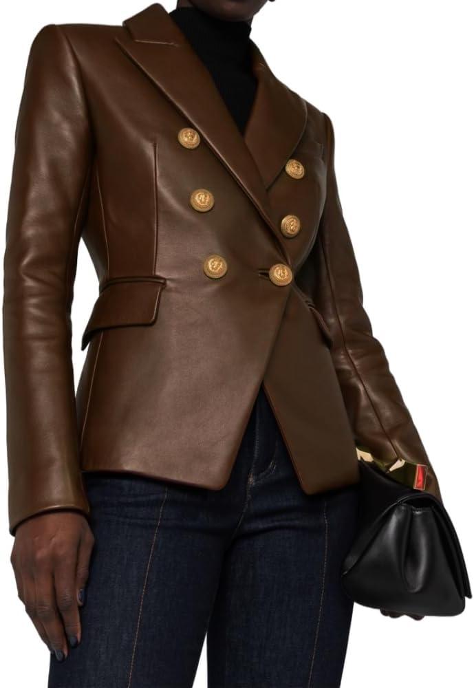 imageSID Genuine Lambskin Leather Black Womens Single Button Blazer with Full Sleeves Suit Style for Office WearChocolate Brown