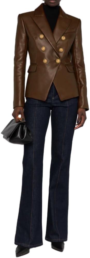 imageSID Genuine Lambskin Leather Black Womens Single Button Blazer with Full Sleeves Suit Style for Office WearChocolate Brown