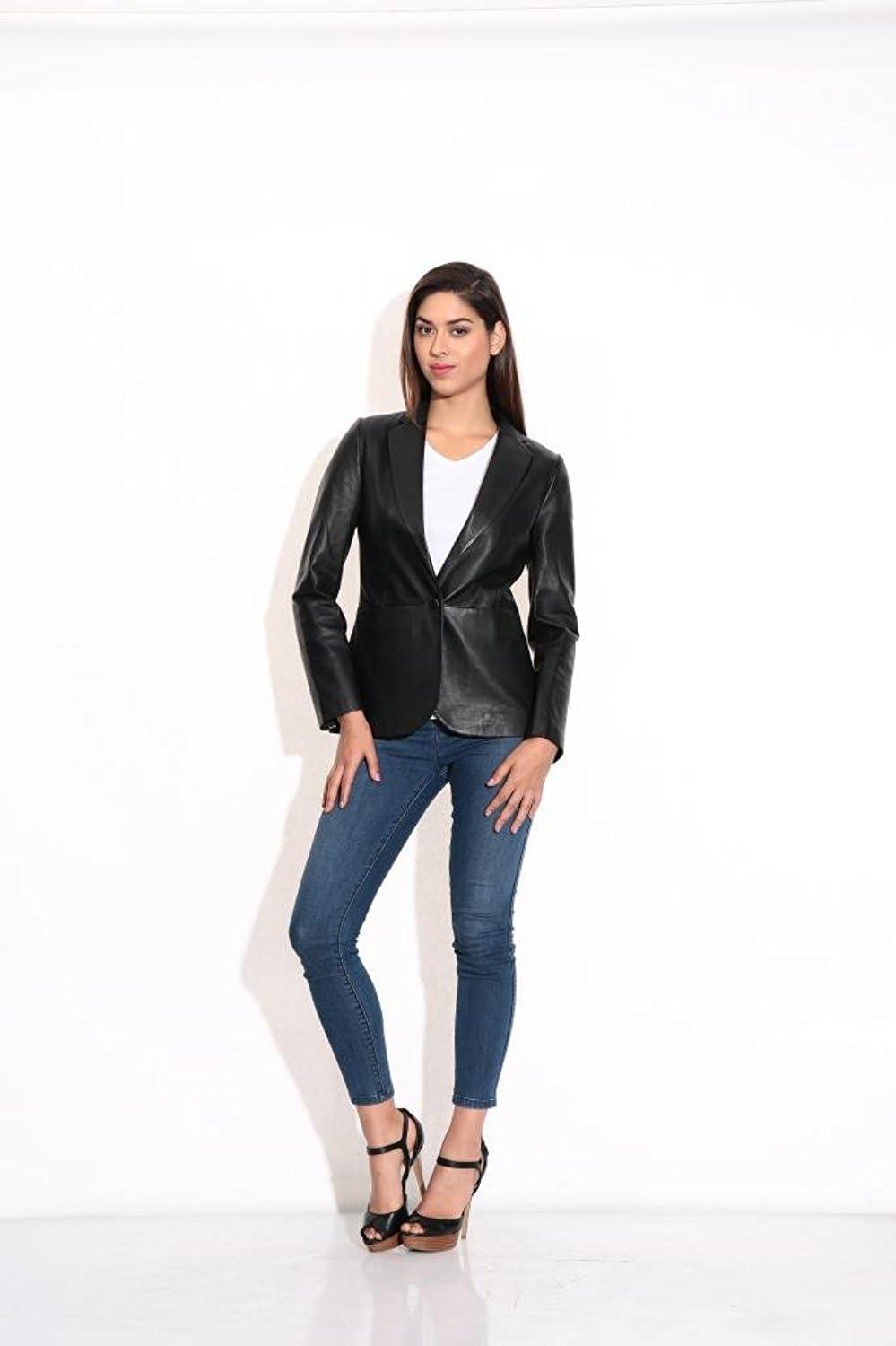 imageSID Genuine Lambskin Leather Black Womens Single Button Blazer with Full Sleeves Suit Style for Office WearDark Black