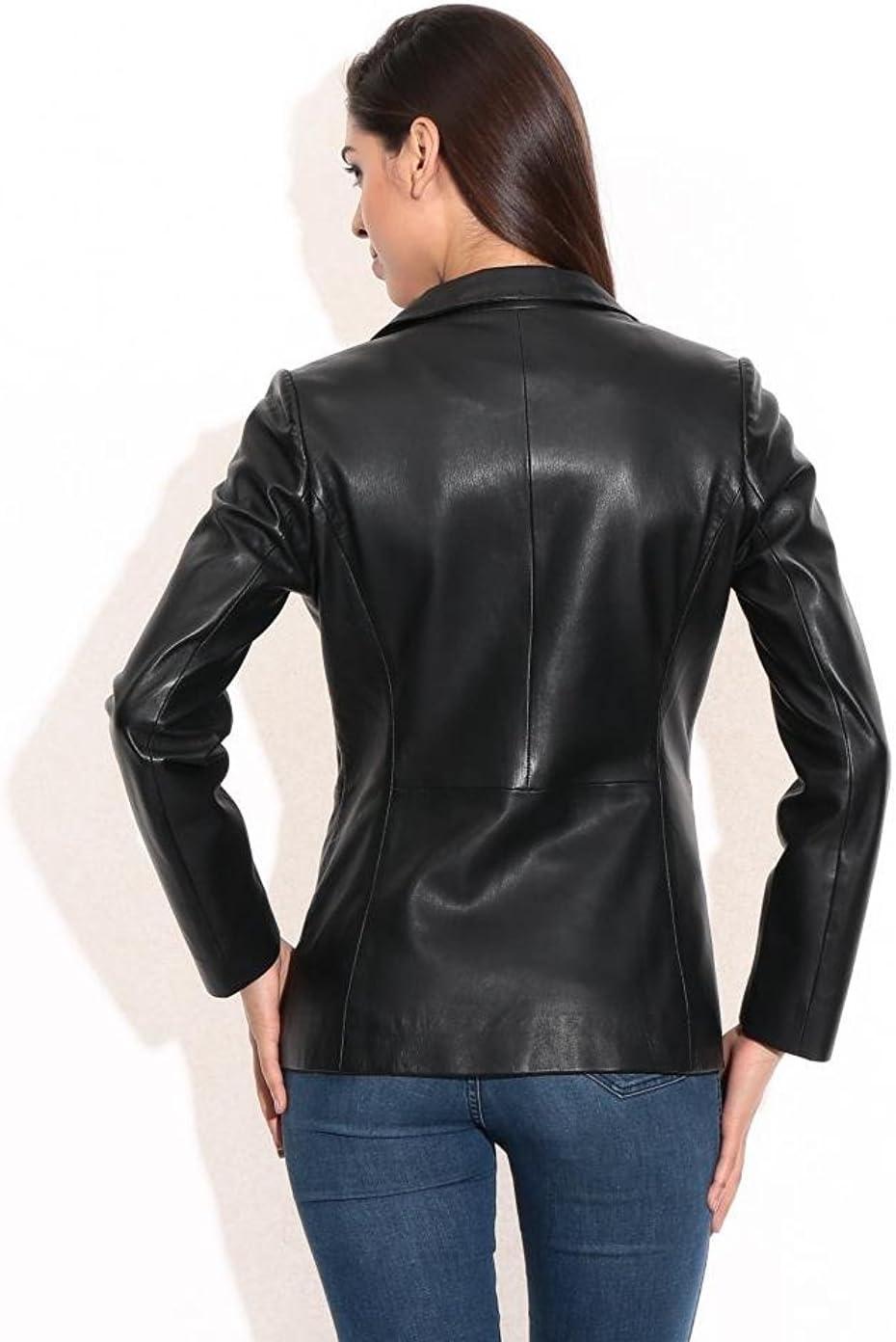 imageSID Genuine Lambskin Leather Black Womens Single Button Blazer with Full Sleeves Suit Style for Office WearDark Black