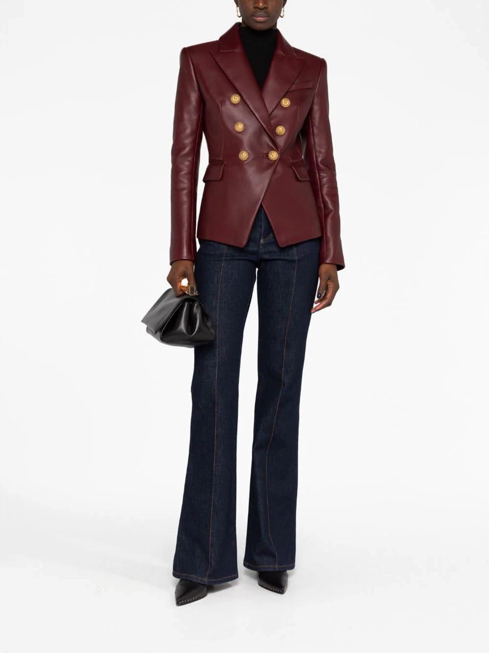 imageSID Genuine Lambskin Leather Black Womens Single Button Blazer with Full Sleeves Suit Style for Office WearSolid Burgundy
