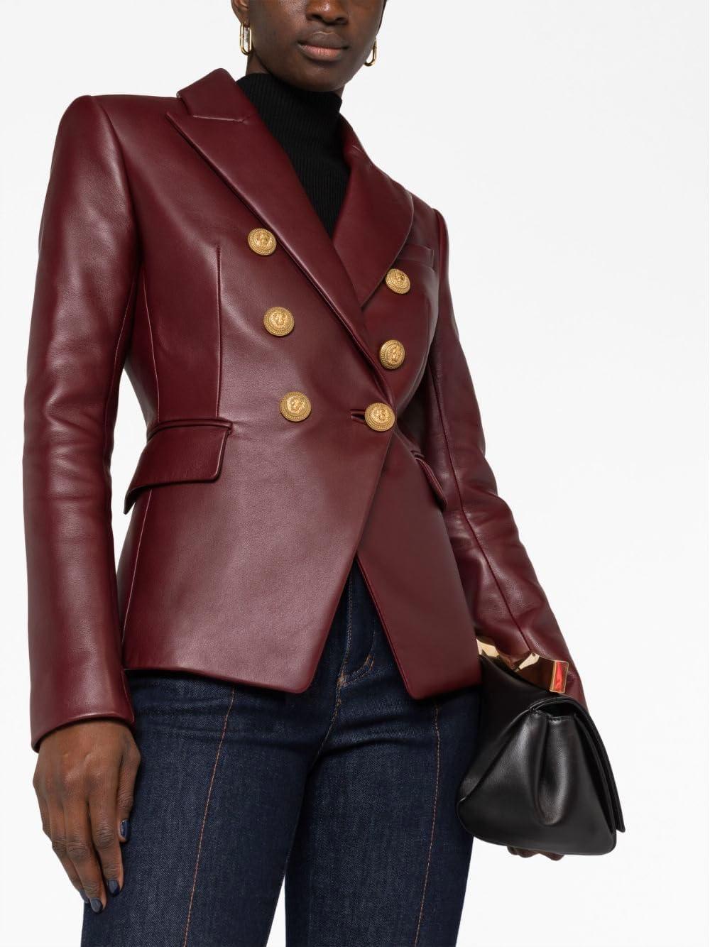 imageSID Genuine Lambskin Leather Black Womens Single Button Blazer with Full Sleeves Suit Style for Office WearSolid Burgundy