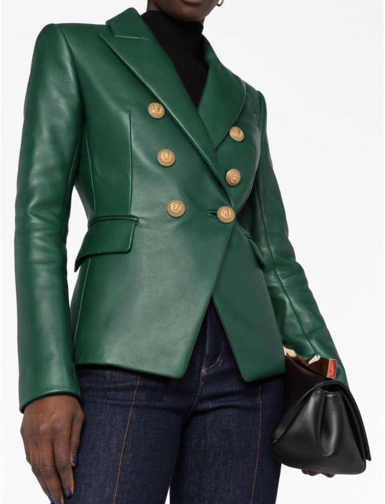 imageSID Genuine Lambskin Leather Black Womens Single Button Blazer with Full Sleeves Suit Style for Office WearSolid Green