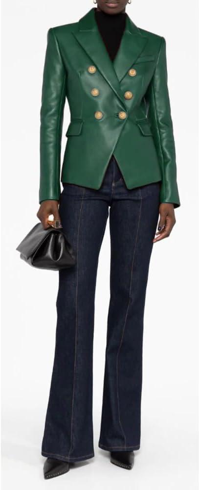imageSID Genuine Lambskin Leather Black Womens Single Button Blazer with Full Sleeves Suit Style for Office WearSolid Green