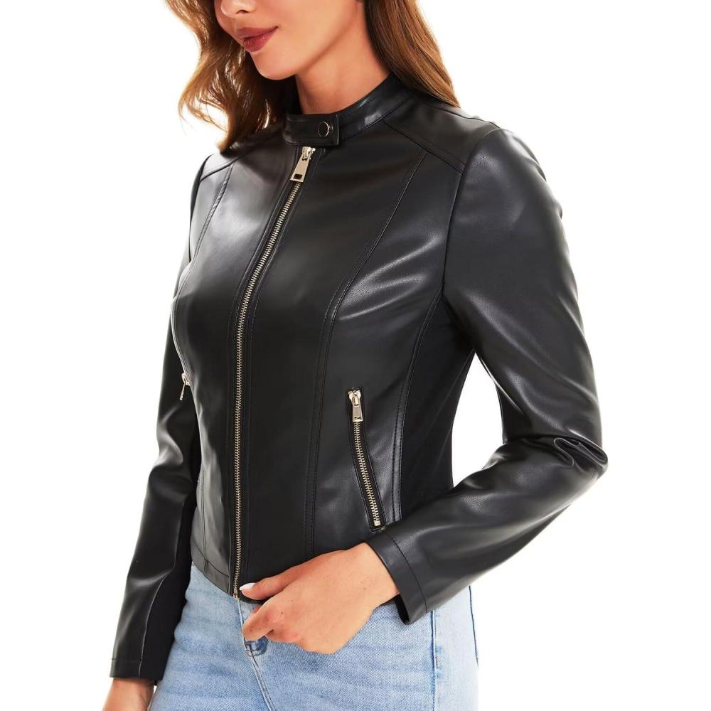 imageDIASHINY Faux Leather Jacket For Women Zip Up Moto Biker Coat Short PU Motorcycle Outwear024 Black