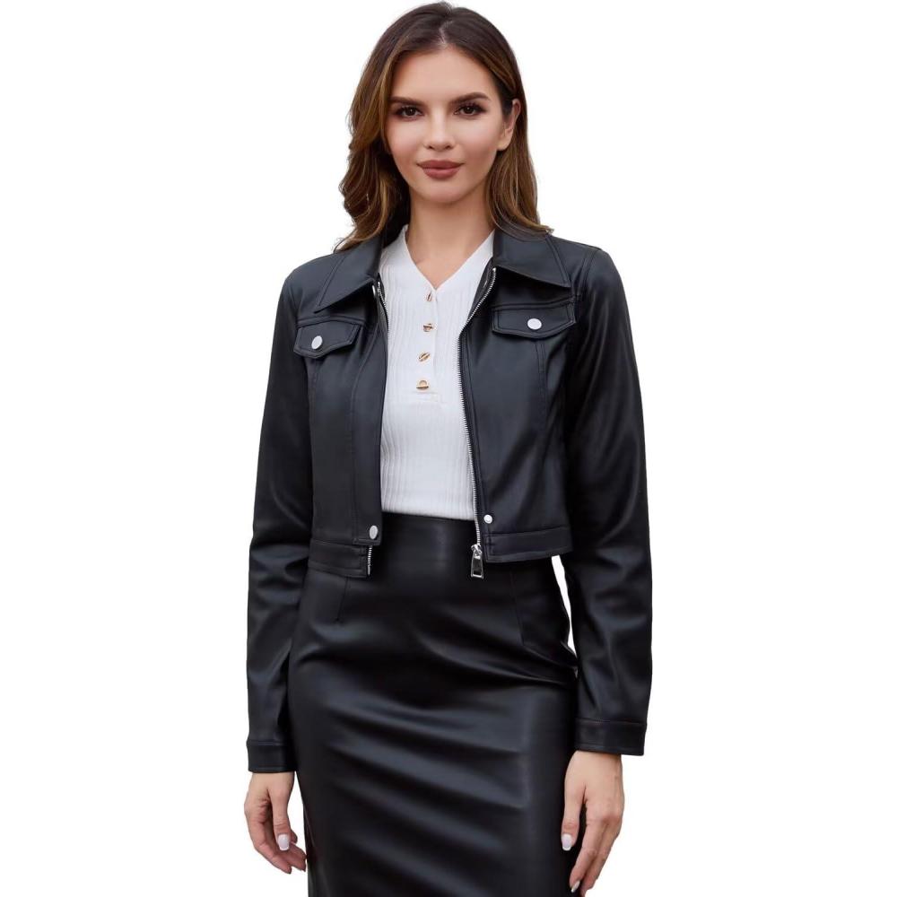 imageDIASHINY Faux Leather Jacket For Women Zip Up Moto Biker Coat Short PU Motorcycle Outwear126 Black