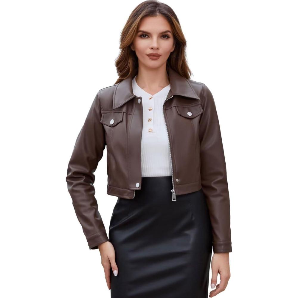 imageDIASHINY Faux Leather Jacket For Women Zip Up Moto Biker Coat Short PU Motorcycle Outwear126 Brown