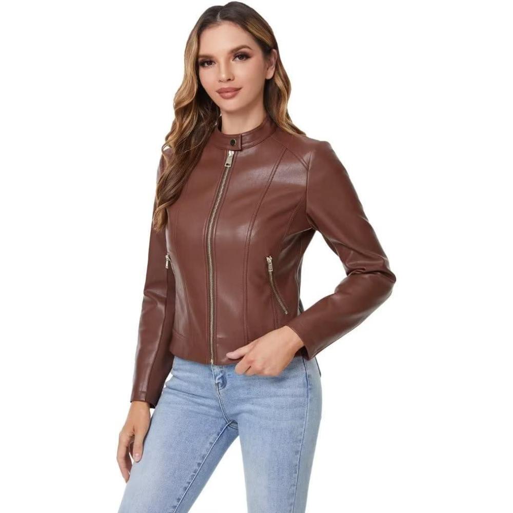 imageDIASHINY Faux Leather Jacket For Women Zip Up Moto Biker Coat Short PU Motorcycle OutwearBrown 006