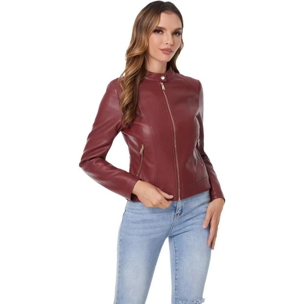 imageDIASHINY Faux Leather Jacket For Women Zip Up Moto Biker Coat Short PU Motorcycle OutwearWine Red 006