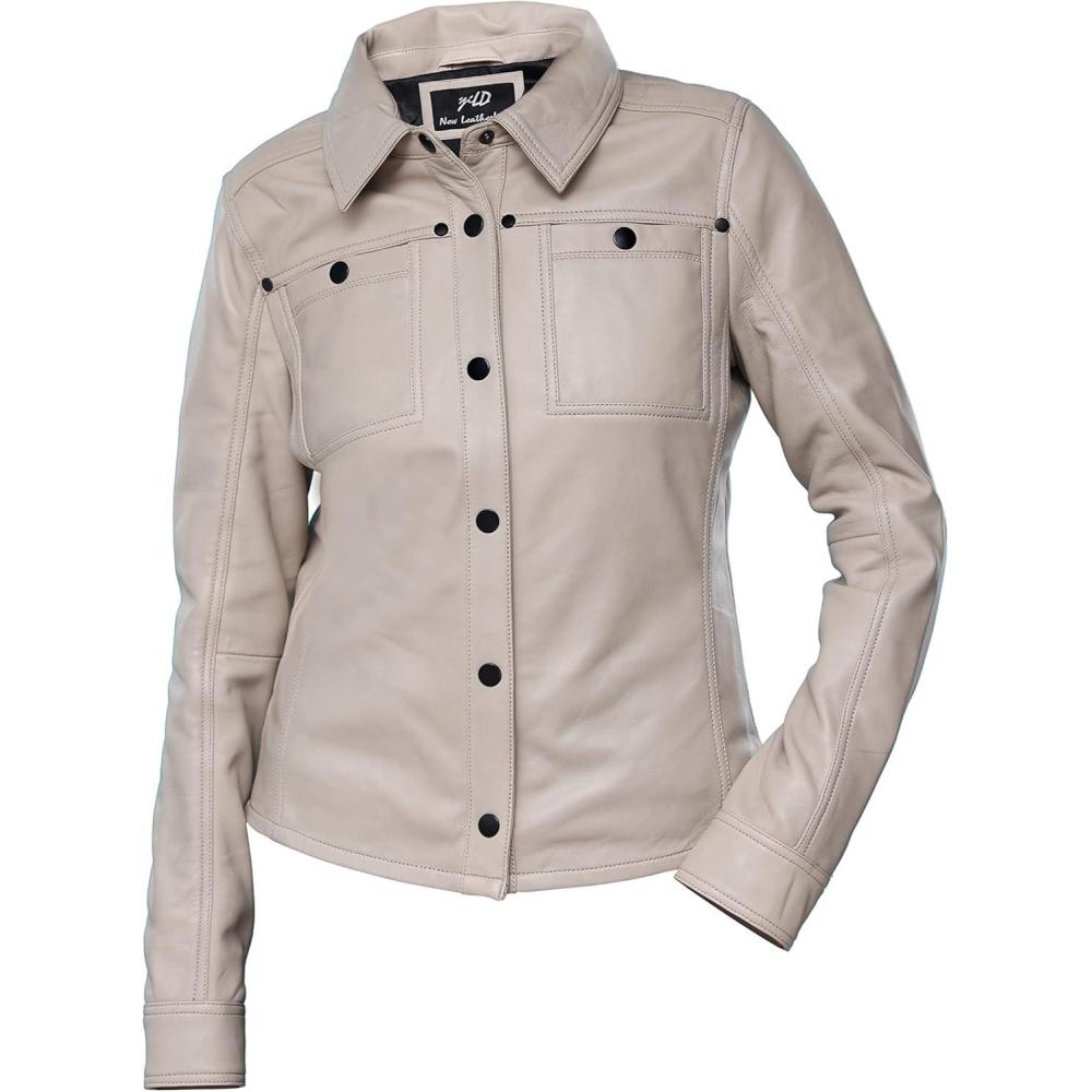 imageJild Womens Button Front Lambskin Leather Jacket Shacket  Casual Shirt Long Sleeve Leather Jacket Women with Bust PocketAsh White