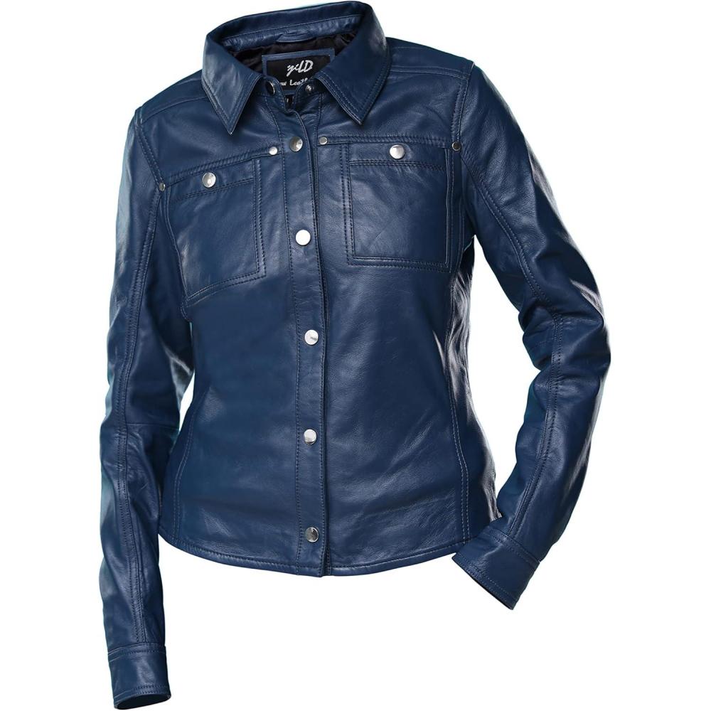 imageJild Womens Button Front Lambskin Leather Jacket Shacket  Casual Shirt Long Sleeve Leather Jacket Women with Bust PocketBlue