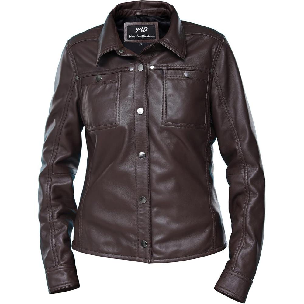 imageJild Womens Button Front Lambskin Leather Jacket Shacket Casual Shirt Long Sleeve Leather Jacket Women with Bust PocketBrown