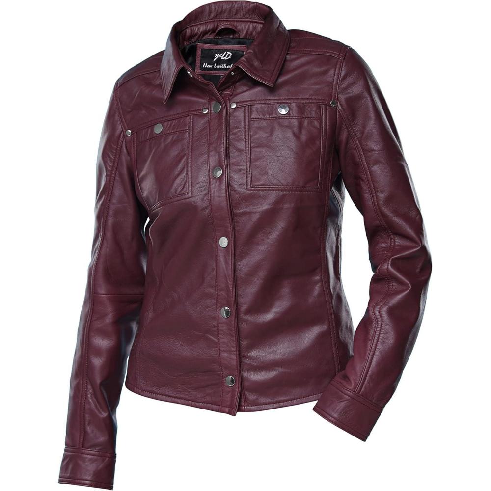 imageJild Womens Button Front Lambskin Leather Jacket Shacket Casual Shirt Long Sleeve Leather Jacket Women with Bust PocketBurgandy