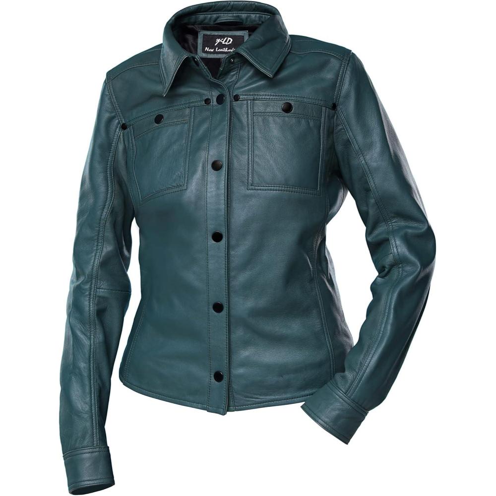 imageJild Womens Button Front Lambskin Leather Jacket Shacket Casual Shirt Long Sleeve Leather Jacket Women with Bust PocketGreen