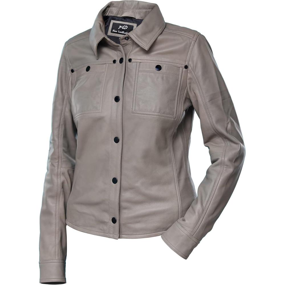 imageJild Womens Button Front Lambskin Leather Jacket Shacket Casual Shirt Long Sleeve Leather Jacket Women with Bust PocketGrey