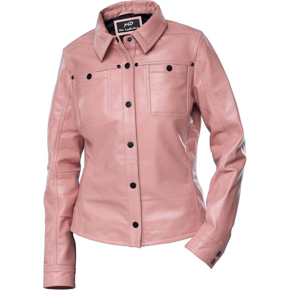 imageJild Womens Button Front Lambskin Leather Jacket Shacket Casual Shirt Long Sleeve Leather Jacket Women with Bust PocketPink