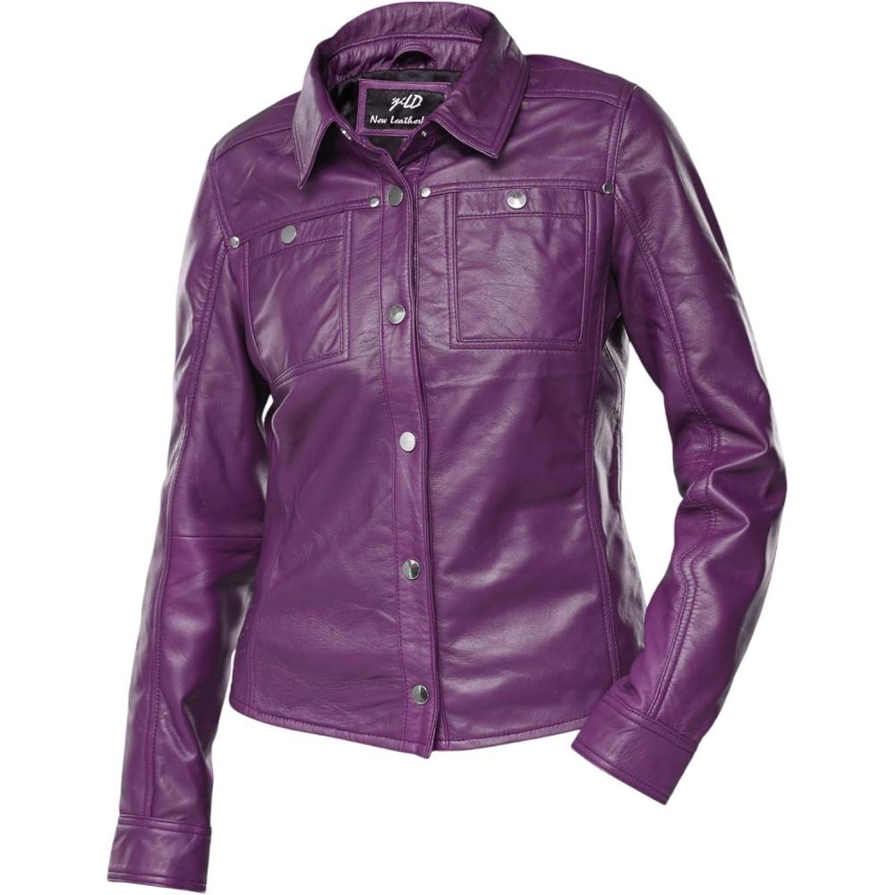 imageJild Womens Button Front Lambskin Leather Jacket Shacket Casual Shirt Long Sleeve Leather Jacket Women with Bust PocketPurple