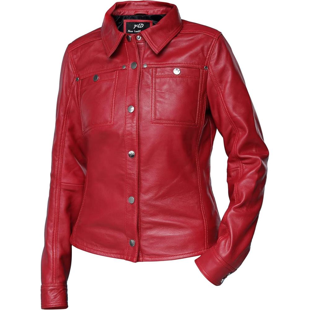 imageJild Womens Button Front Lambskin Leather Jacket Shacket Casual Shirt Long Sleeve Leather Jacket Women with Bust PocketRed
