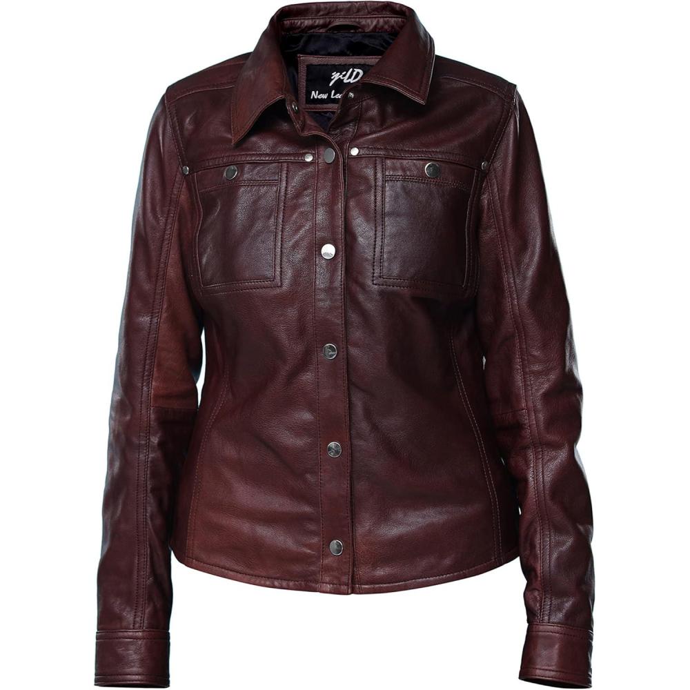 imageJild Womens Button Front Lambskin Leather Jacket Shacket Casual Shirt Long Sleeve Leather Jacket Women with Bust PocketVintage Maroon