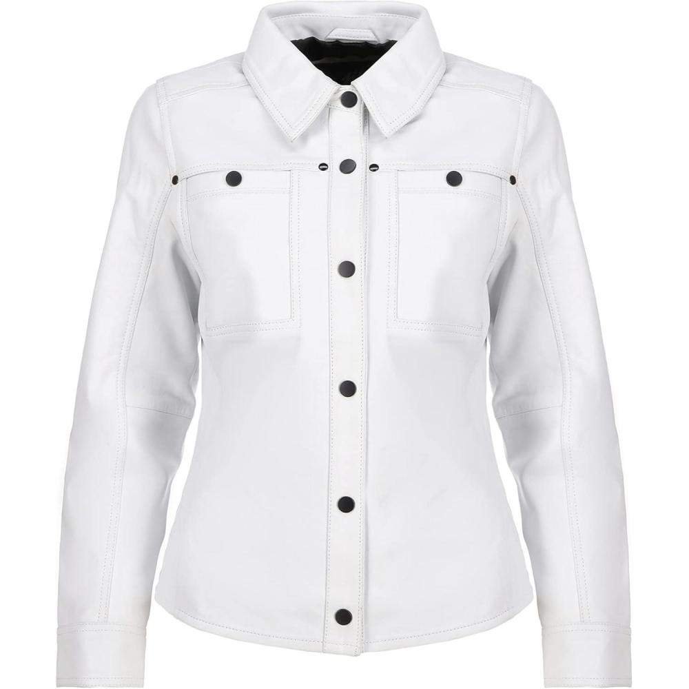 imageJild Womens Button Front Lambskin Leather Jacket Shacket Casual Shirt Long Sleeve Leather Jacket Women with Bust PocketWhite