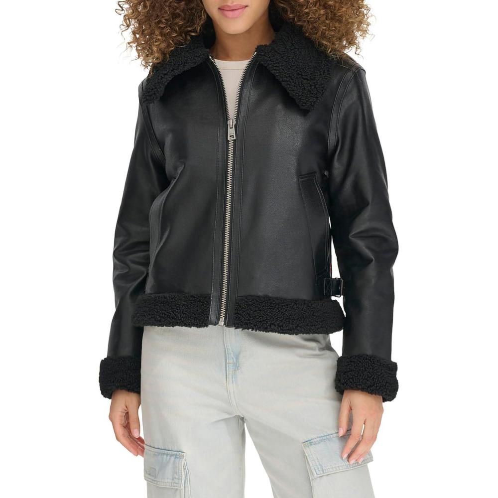 imageLevis Womens Faux Shearling Aviator JacketBlack Sherpa Lined