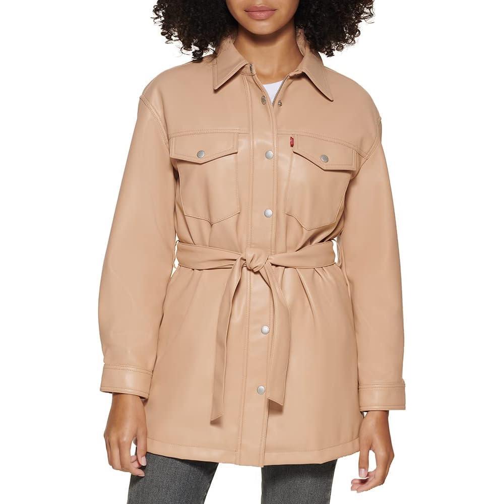 imageLevis womens Faux Leather Belted Shirt Jacket Standard amp Plus SizesBiscotti