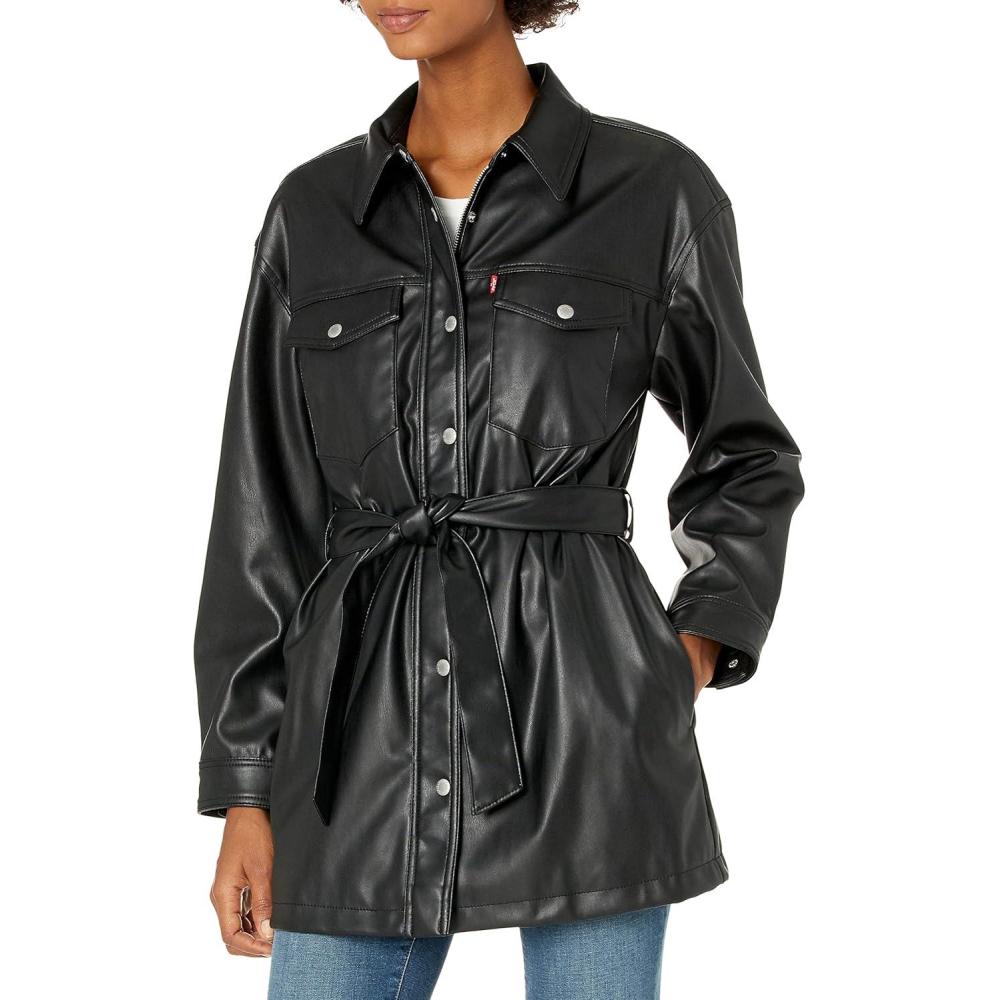 imageLevis womens Faux Leather Belted Shirt Jacket Standard amp Plus SizesBlack