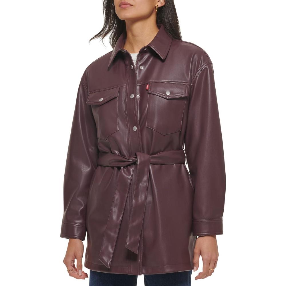 imageLevis womens Faux Leather Belted Shirt Jacket Standard amp Plus SizesBurgundy