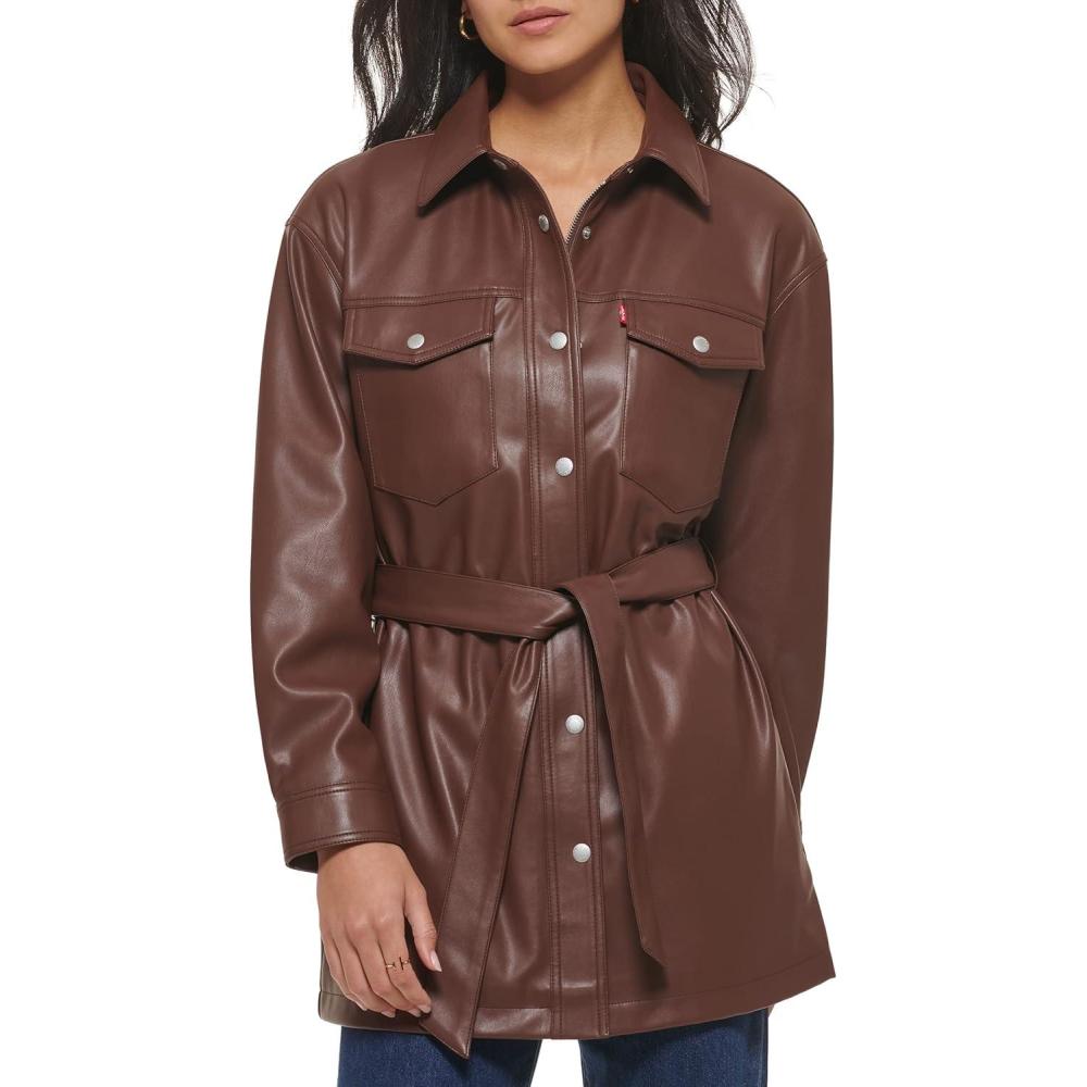 imageLevis womens Faux Leather Belted Shirt Jacket Standard amp Plus SizesChocolate Brown