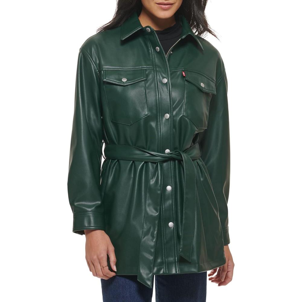 imageLevis womens Faux Leather Belted Shirt Jacket Standard amp Plus SizesPine Green