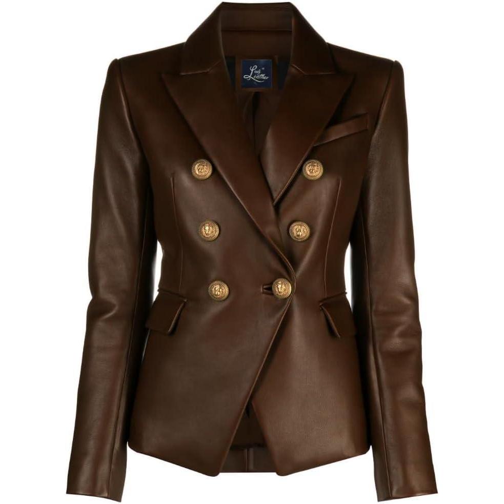 imageSID Genuine Lambskin Leather Black Womens Single Button Blazer with Full Sleeves Suit Style for Office WearChocolate Brown