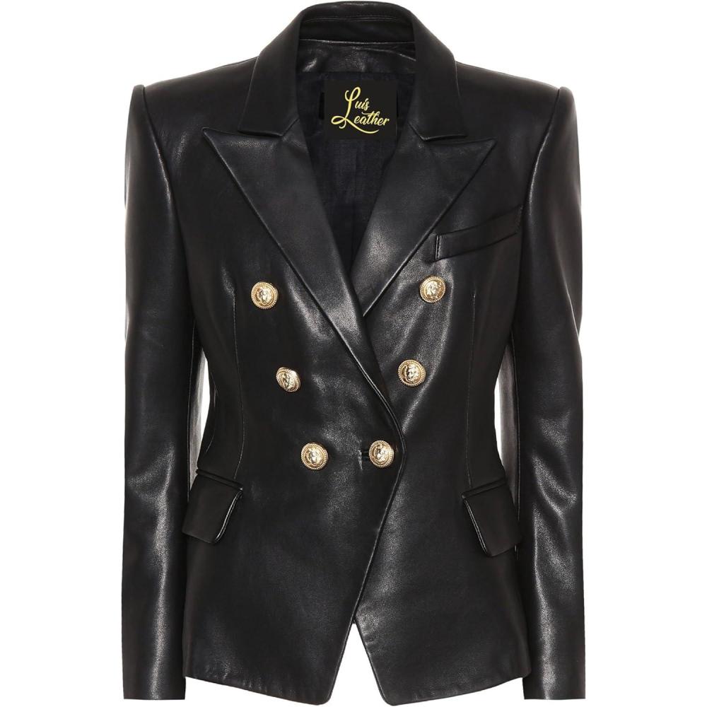 imageSID Genuine Lambskin Leather Black Womens Single Button Blazer with Full Sleeves Suit Style for Office WearClassy Black