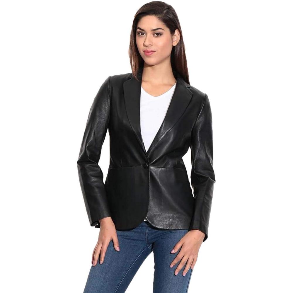 imageSID Genuine Lambskin Leather Black Womens Single Button Blazer with Full Sleeves Suit Style for Office WearDark Black