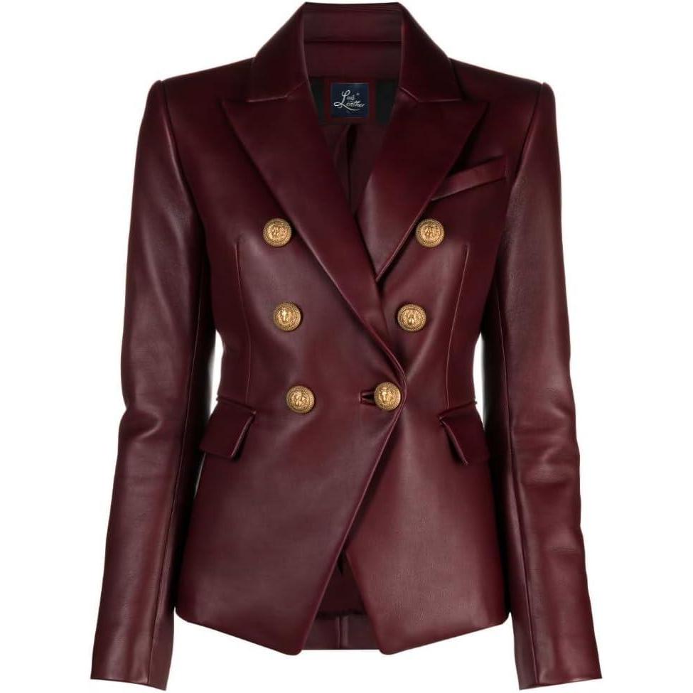 imageSID Genuine Lambskin Leather Black Womens Single Button Blazer with Full Sleeves Suit Style for Office WearSolid Burgundy