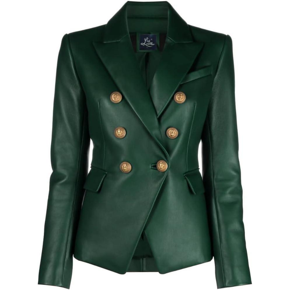 imageSID Genuine Lambskin Leather Black Womens Single Button Blazer with Full Sleeves Suit Style for Office WearSolid Green