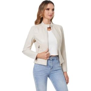 DIASHINY Faux Leather Jacket For Women, Zip Up Moto Biker Coat, Short PU Motorcycle Outwear(Beige 006)