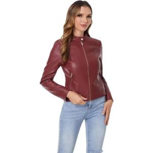 DIASHINY Faux Leather Jacket For Women, Zip Up Moto Biker Coat, Short PU Motorcycle Outwear(Wine Red 006)
