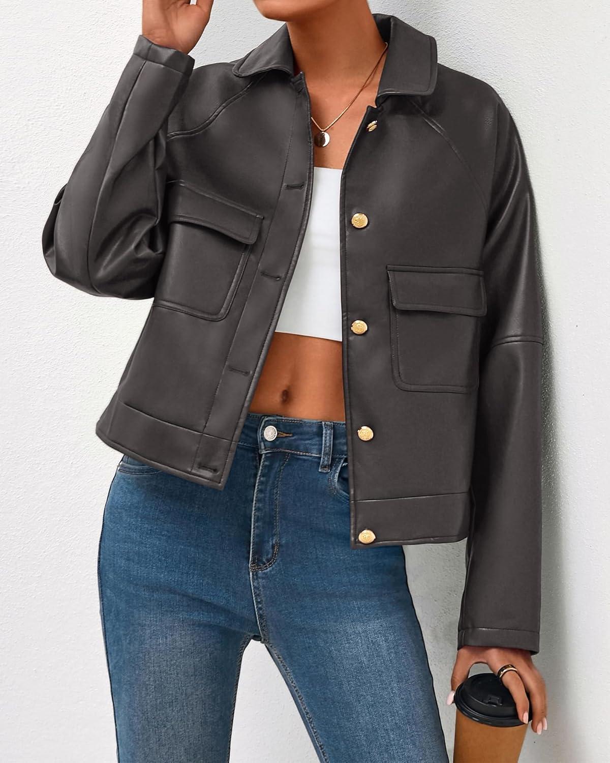 imageBTFBM Leather Jacket Women Fall Clothes 2025 Long Sleeve Button Down Winter Coats Oversized Motorcycle OutwearGrey